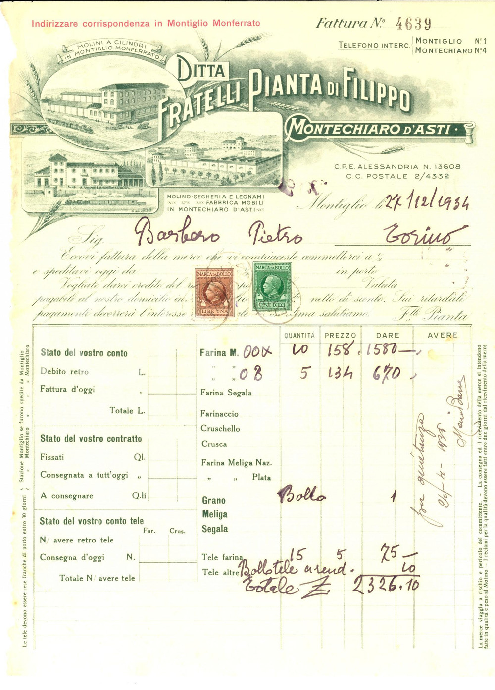 Documento originale, autentico 1934 MONTIGLIO AT Ditta FRATELLI PIANTA di Filippo Fattura per farina 1