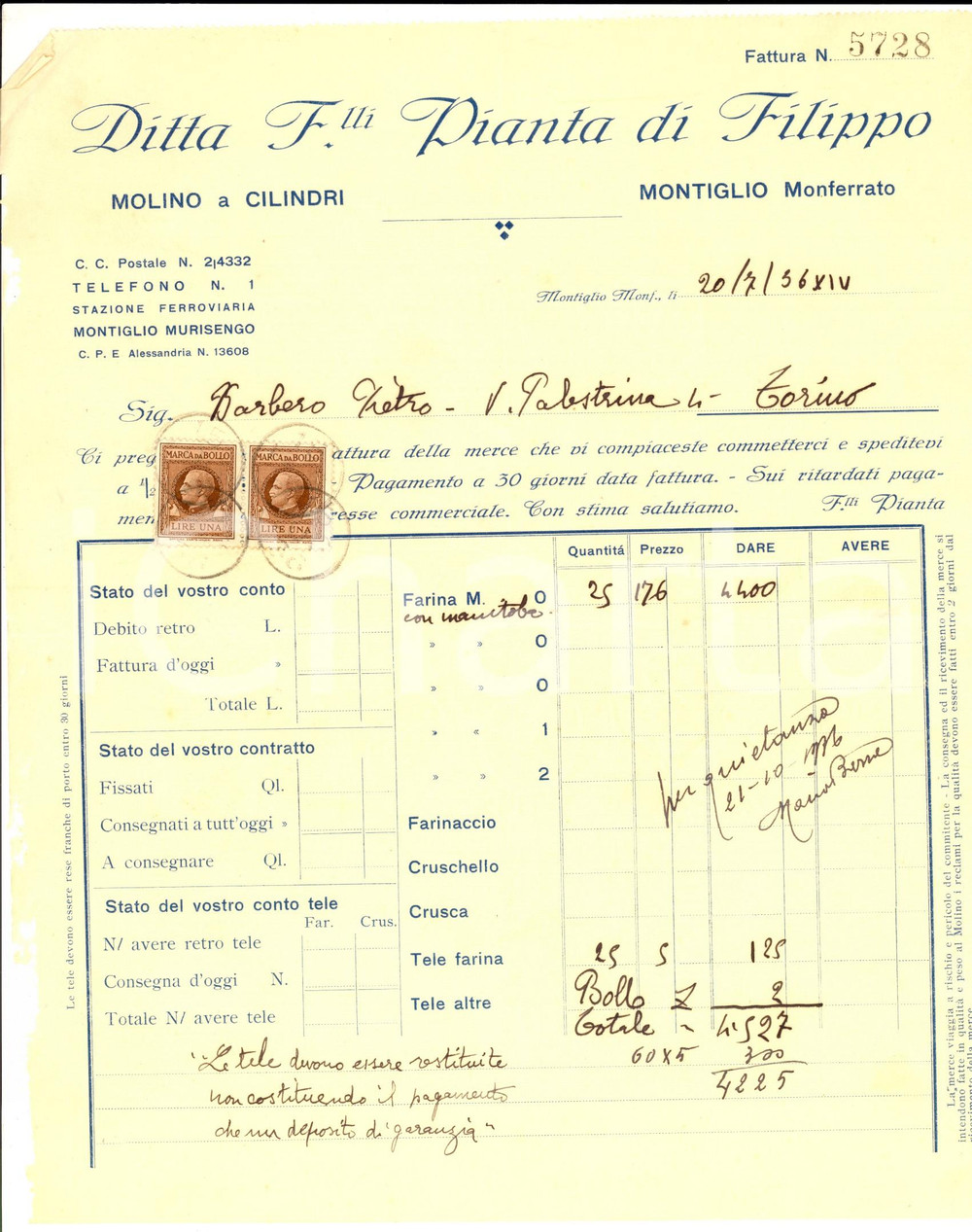 Documento originale, autentico 1936 MONTIGLIO Ditta FRATELLI PIANTA di Filippo  Molino a cilindri Fattura 1