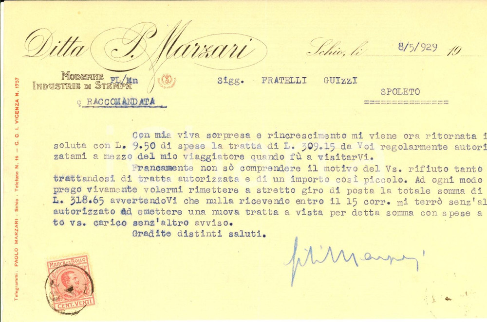 Documento originale, autentico 1929 SCHIO VI Ditta P. MARZARI  Industrie di stampa Lettera commerciale 1