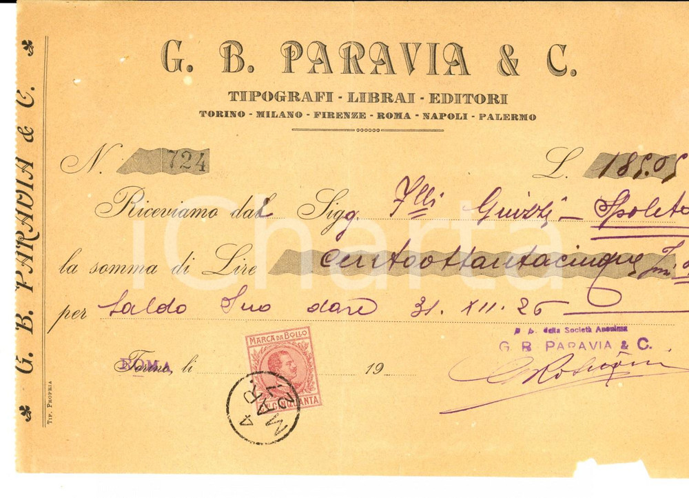 Documento originale, autentico 1927 ROMA Ditta G. B. PARAVIA Tipografi  librai  editori Ricevuta intestata 1