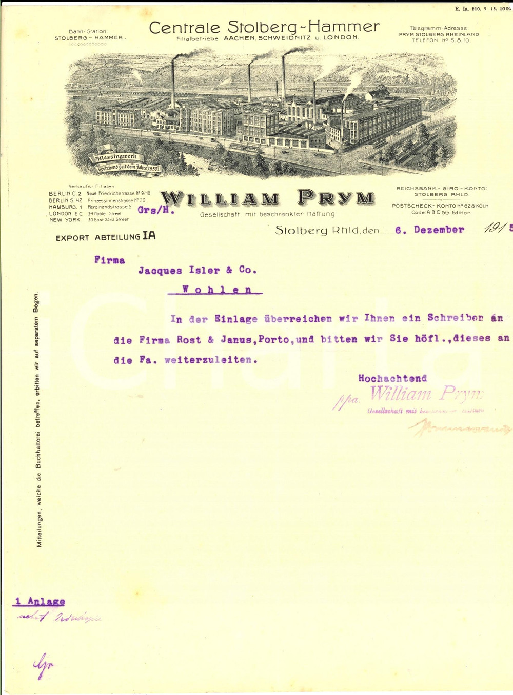 Documento originale, autentico 1915 STOLBERG RHLD William PRYM Gesellschaft mit beschrankter Haftung Lettera 1
