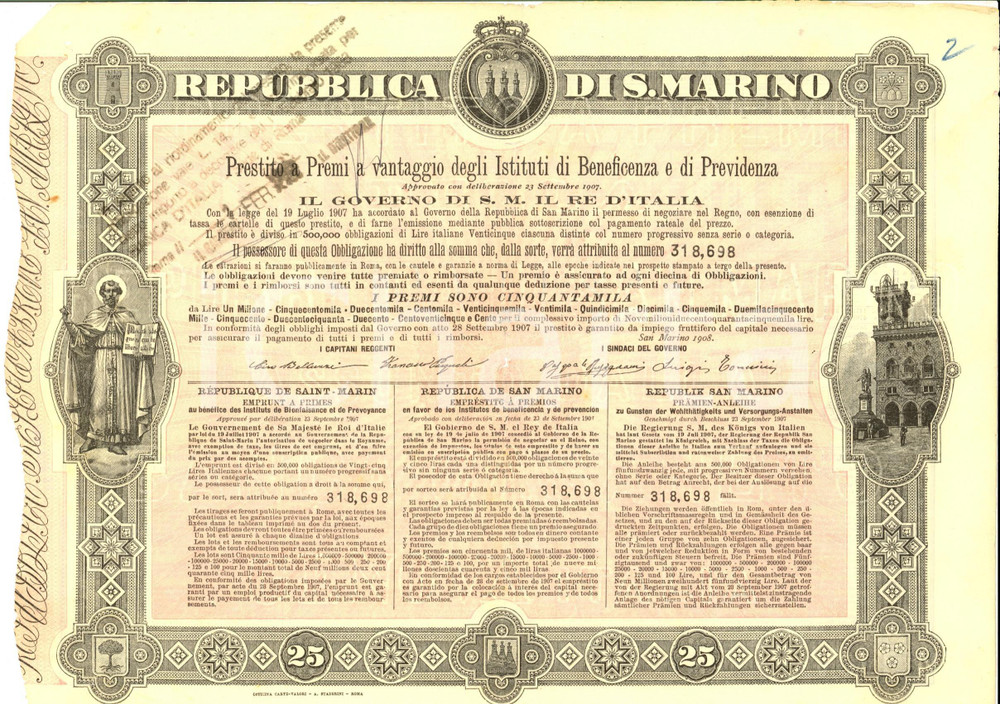 1908 REPUBBLICA DI SAN MARINO Prestito a premi istituti beneficenza OBBLIGAZIONE