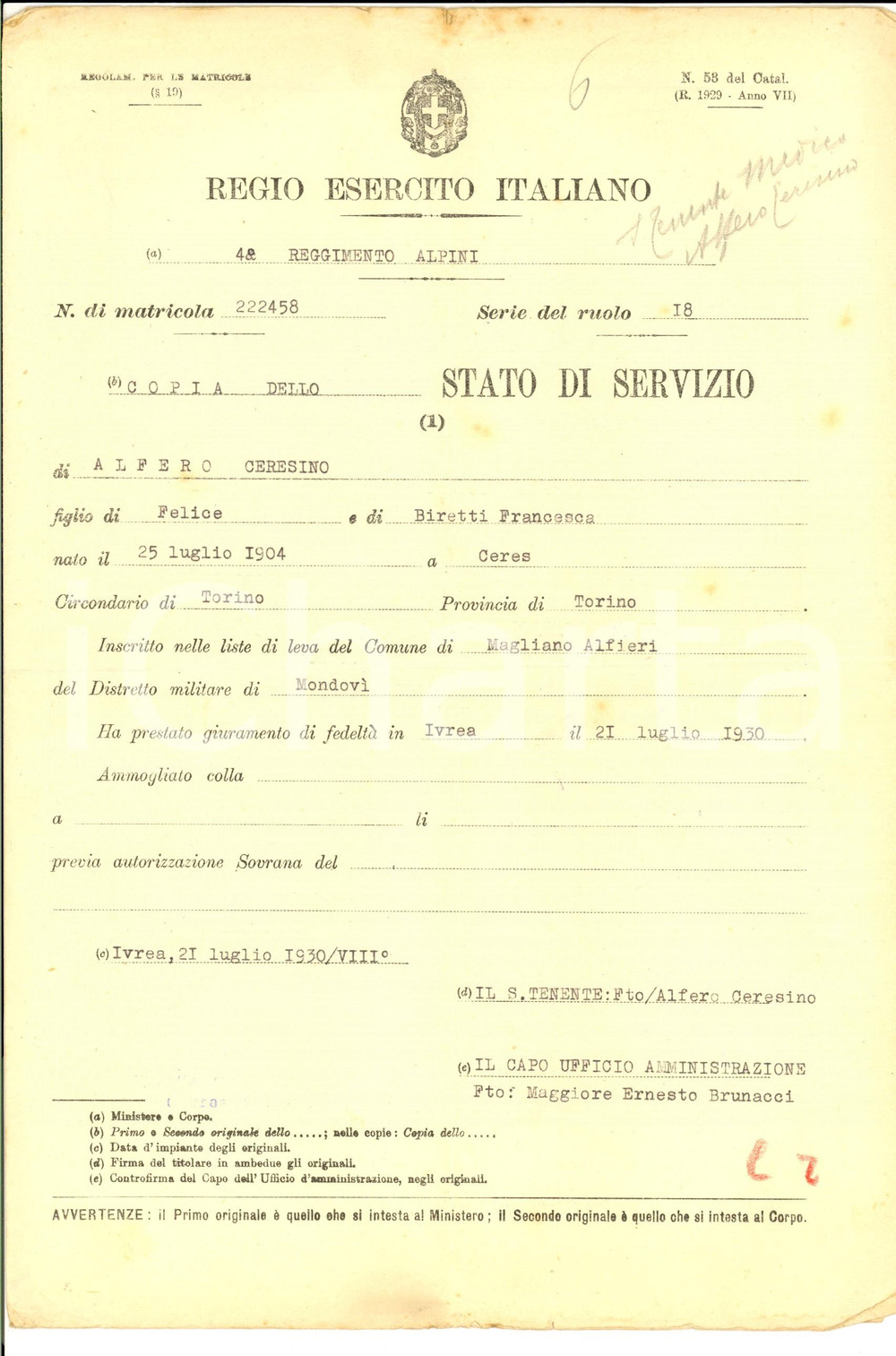 Documento originale, autentico 1930  REGIO ESERCITO IVREA Stato di servizio di Ceresino ALFERO 1