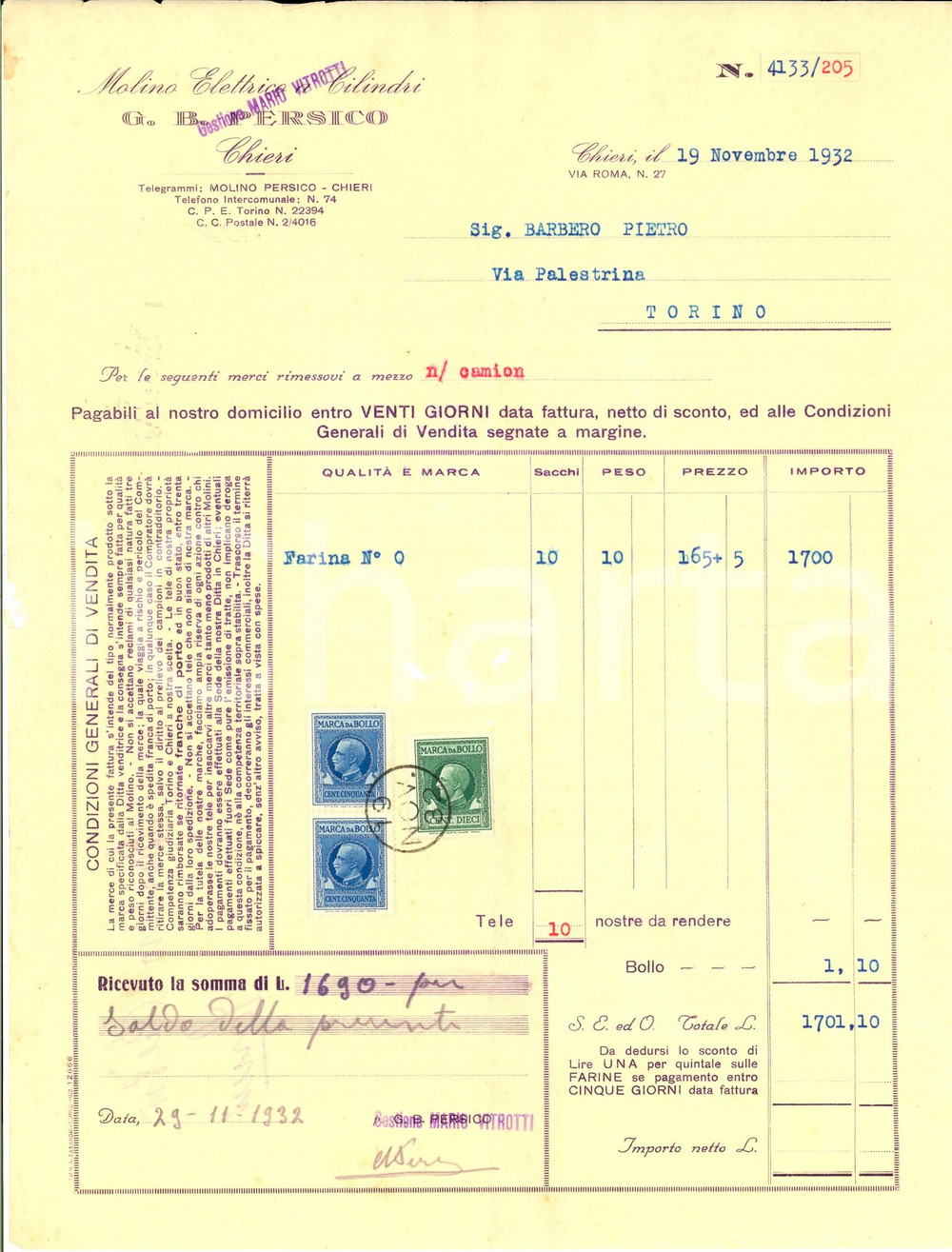 Documento originale, autentico 1932 CHIERI TO Molino a clilindri G. B. PERSICO Fattura intestata con bolli 1