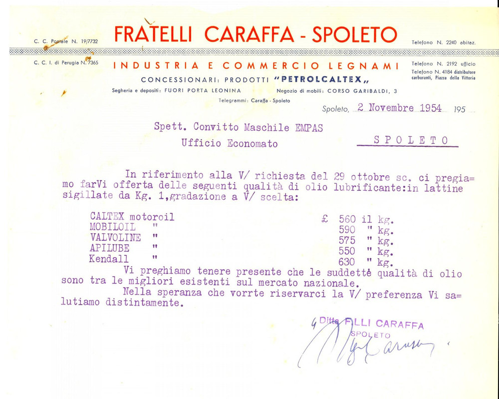 Documento originale, autentico 1954 SPOLETO Mobilificio FRATELLI CARAFFA Commercio legnami Preventivo 1