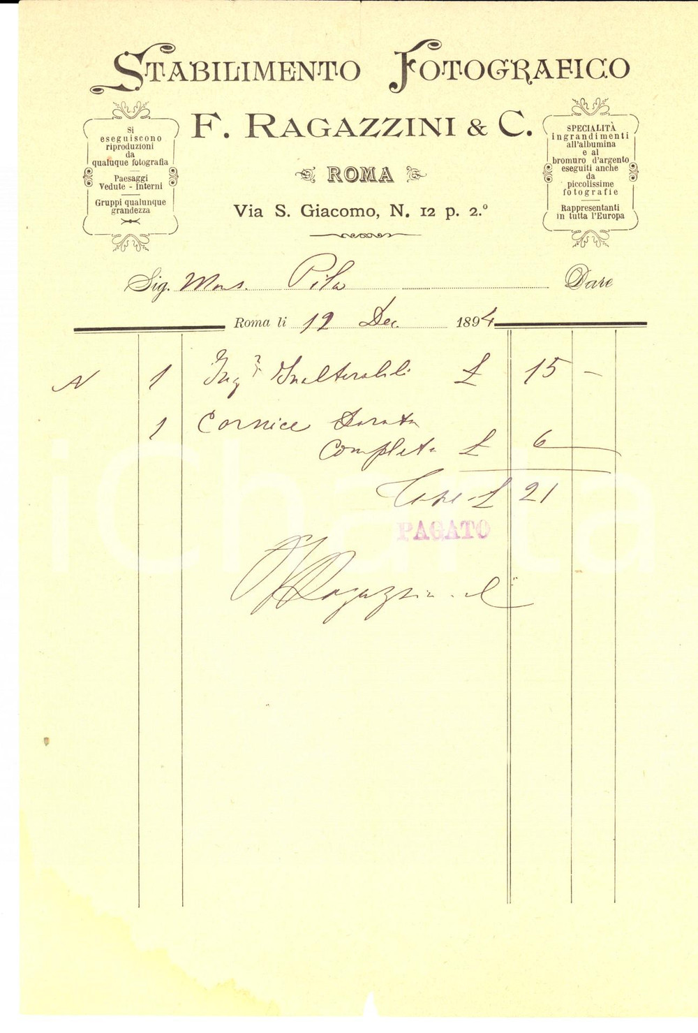 Documento originale, autentico 1894 ROMA Stabilimento Fotografico F. RAGAZZINI & C. Fattura intestata 1