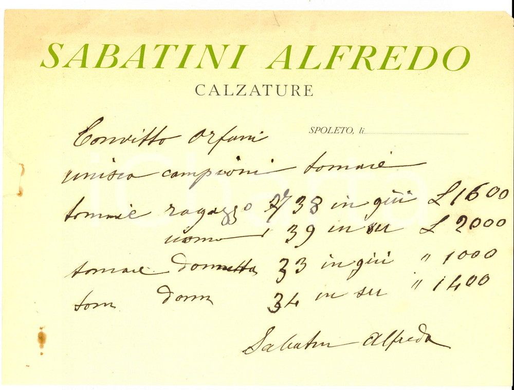 Documento originale, autentico 1950 ca SPOLETO Ditta Alfredo SABATINI calzature Conto manoscritto 1