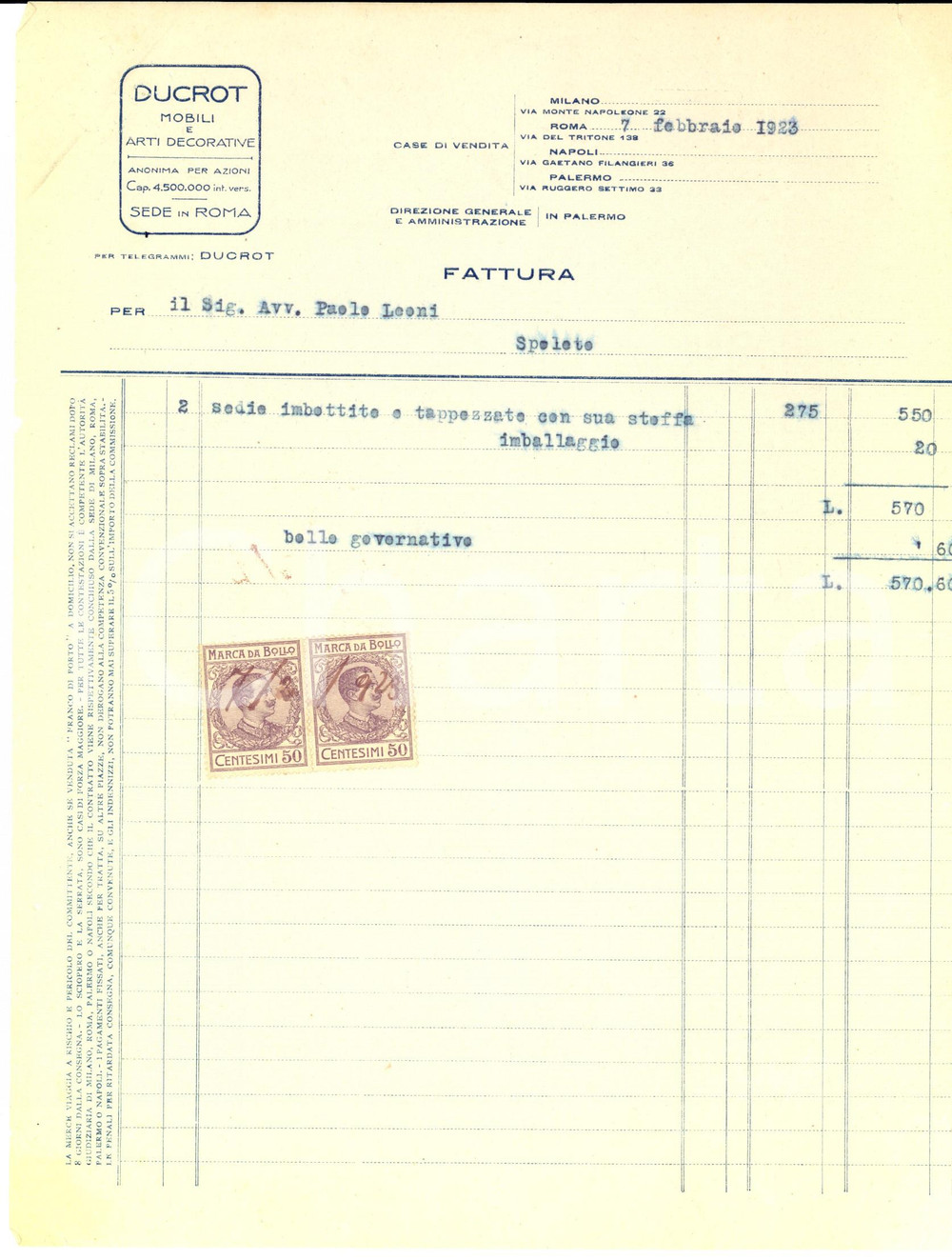 Documento originale, autentico 1923 ROMA DUCROT Mobili e arti decorative Fattura intestata 1
