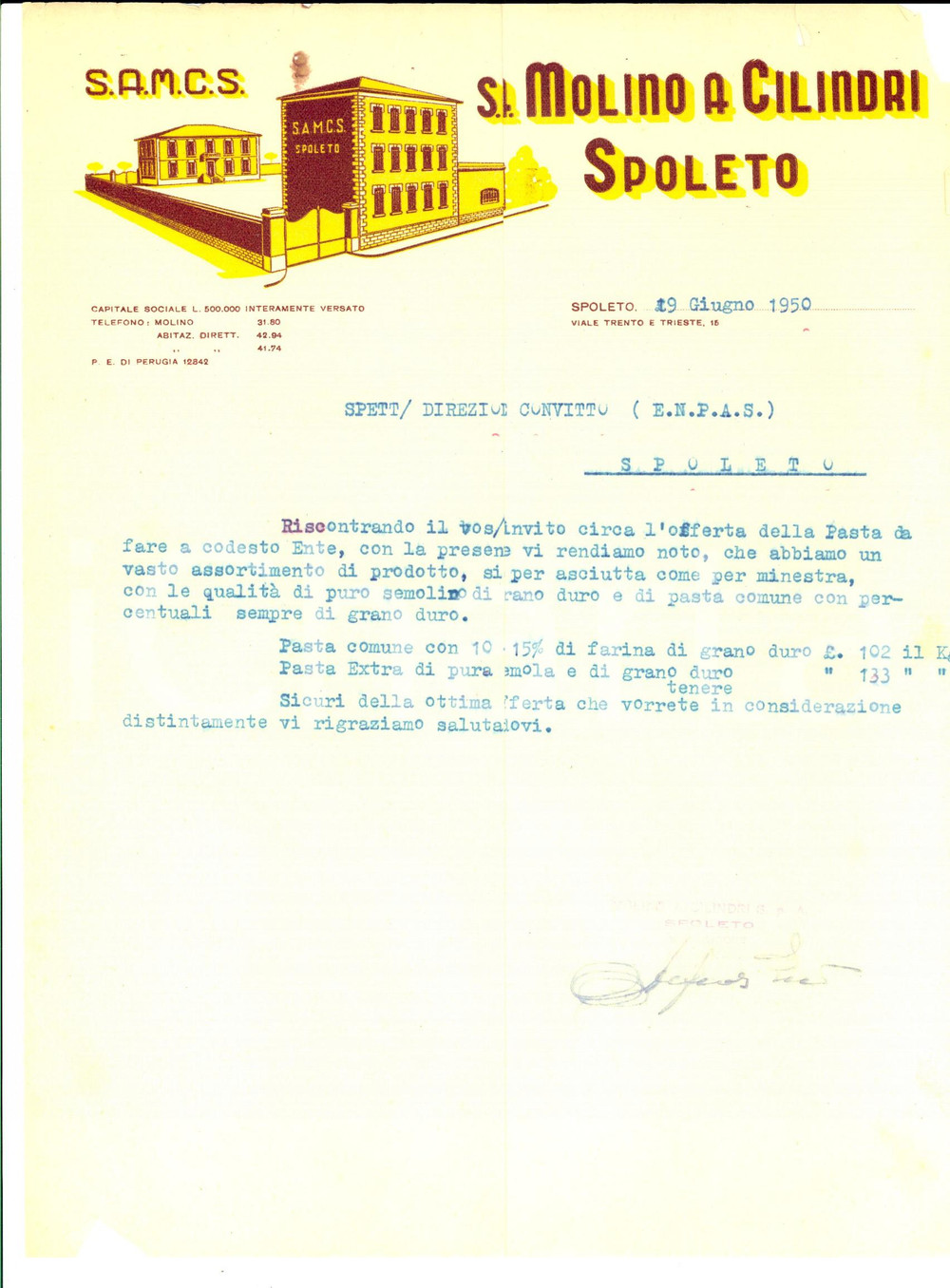 Documento originale, autentico 1950 PAVIA S. A. Molino a cilindri Lettera commerciale su carta intestata 1