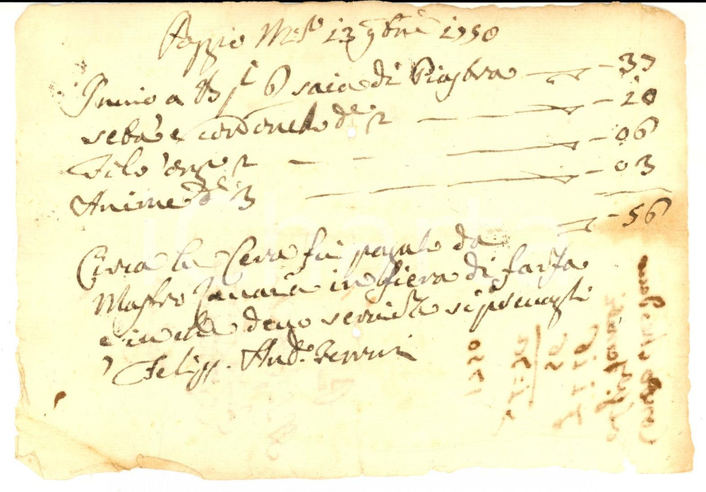 Documento originale, autentico 1750 ca POGGIO MIRTETO RI Conto per acquisti di Filippo Antonio FERRERI 1