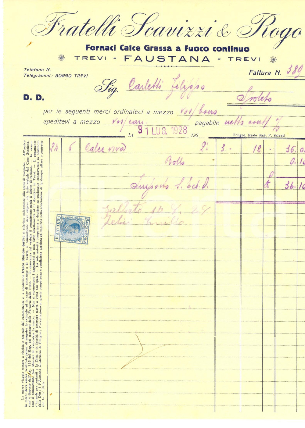 Documento originale, autentico 1928 TREVI Fratelli SCAVIZZI & ROGO Fornaci calce grassa Fattura intestata 1