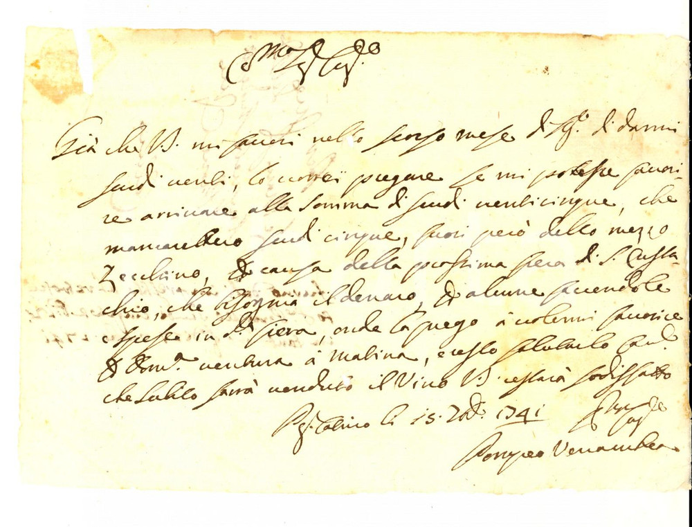 Documento originale, autentico 1741 POGGIO CATINO RI Pompeo VENANZETTI chiede denaro per fiera S. EUSTACHIO 1