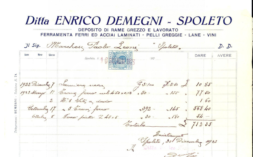 Documento originale, autentico 1923 SPOLETO PG Ditta Enrico DEMEGNI rame grezzo e lavorato Fattura intestata 1