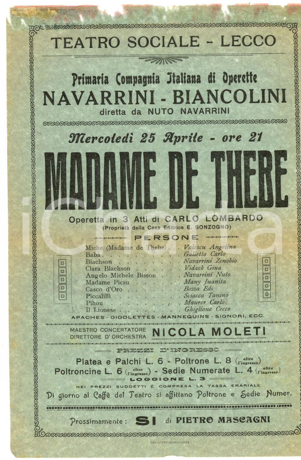 Materiale pubblicitario d’epoca 1923 LECCO TEATRO SOCIALE Compagnia NAVARRINI Madame de Thebe Locandina 1