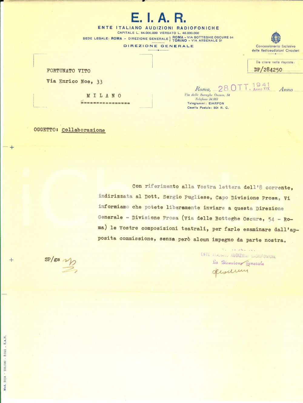 Manoscritto, lettera originale 1941 EIAR ROMA Lettera a Vito FORTUNATO per invio composizioni teatrali 1