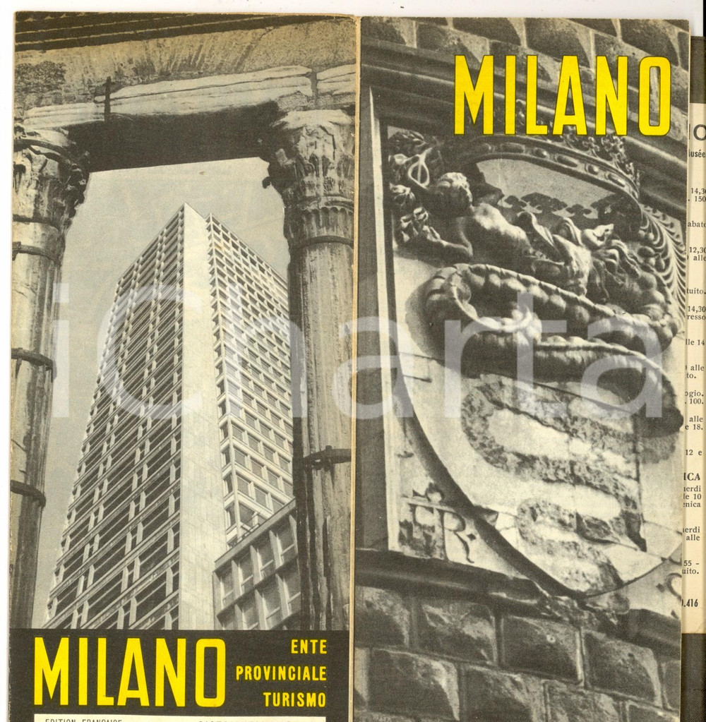 Materiale pubblicitario d’epoca 1950 ca MILANO Pieghevole turistico ILLUSTRATO con mappa 1