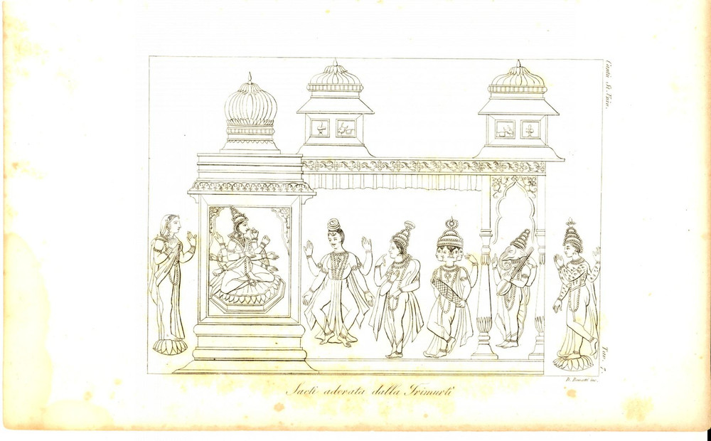 Stampa, bozzetto originale 1845 Cesare CANTU  Sacti adorata dalla Trimurti Stampa da Storia Universale 1