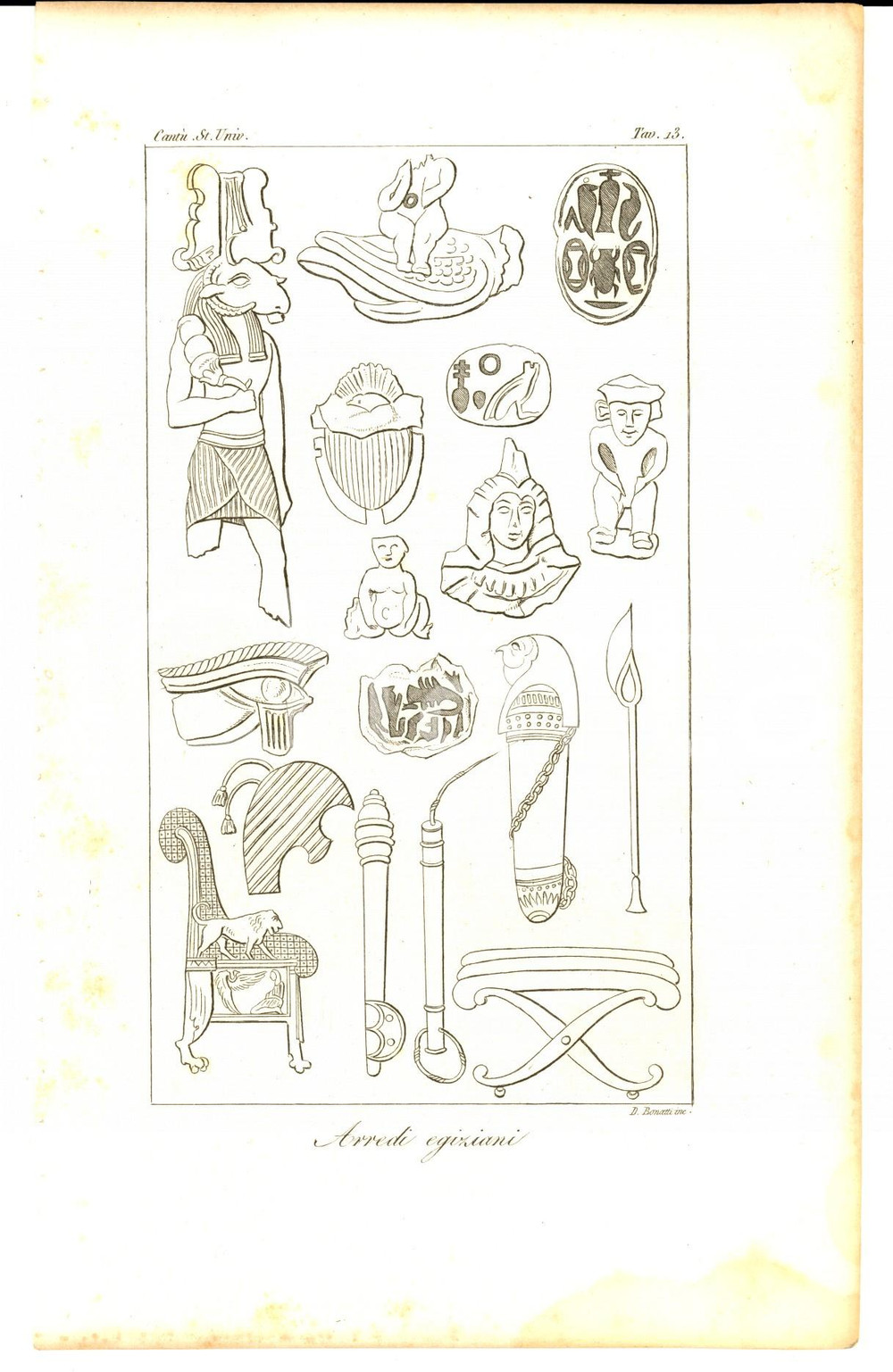 Stampa, bozzetto originale 1845 Cesare CANTU  Arredi egiziani Stampa da Storia Universale inc. BONATTI 1