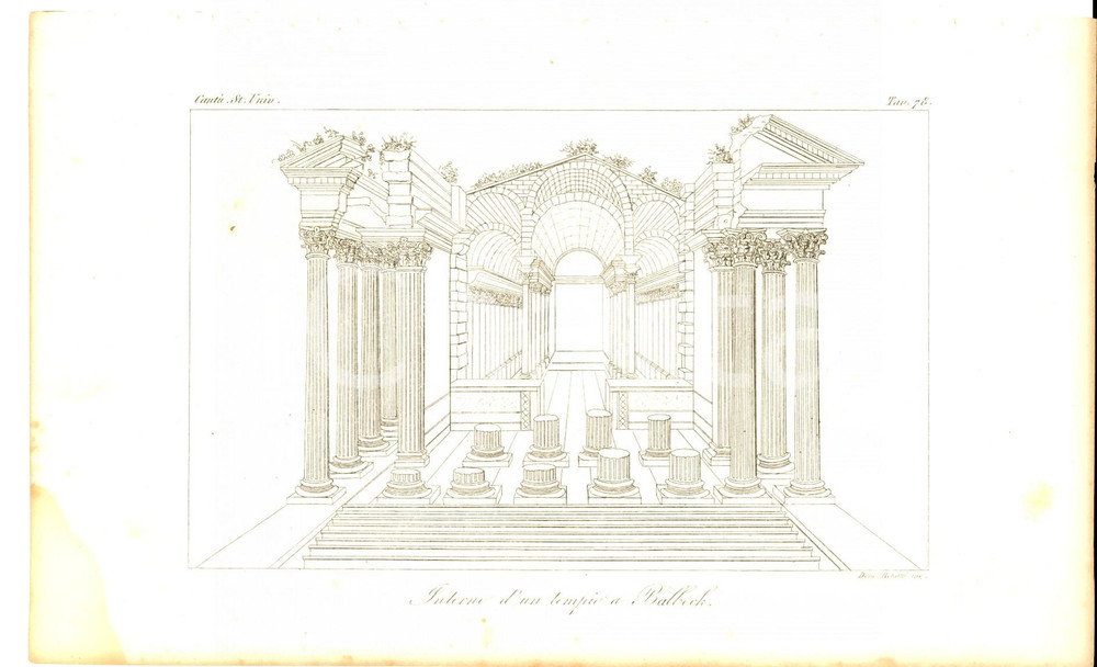 Stampa, bozzetto originale 1845 Cesare CANTU  Interno d un tempio a Balbeck Stampa da Storia Universale 1