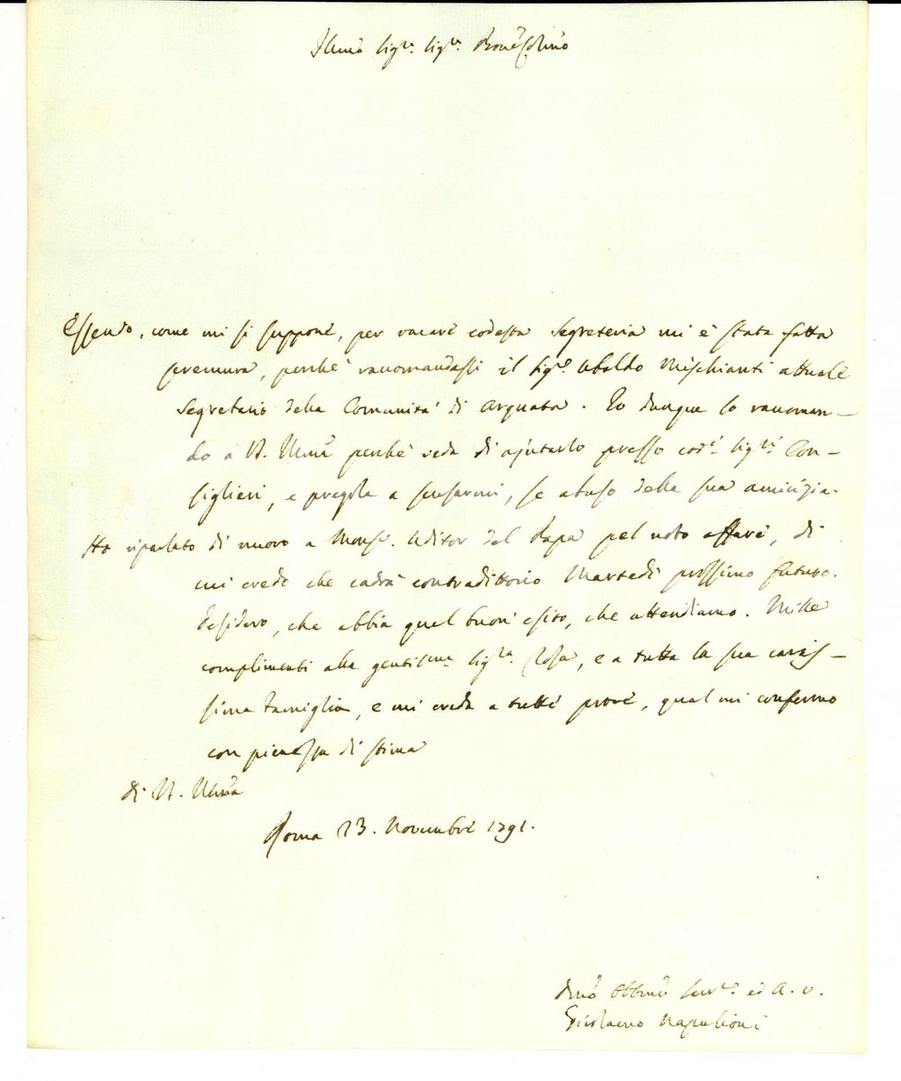 Manoscritto, lettera originale 1791 ROMA Mons. Girolamo NAPOLIONI raccomanda il segretario Ubaldo MISCHIANTI 1