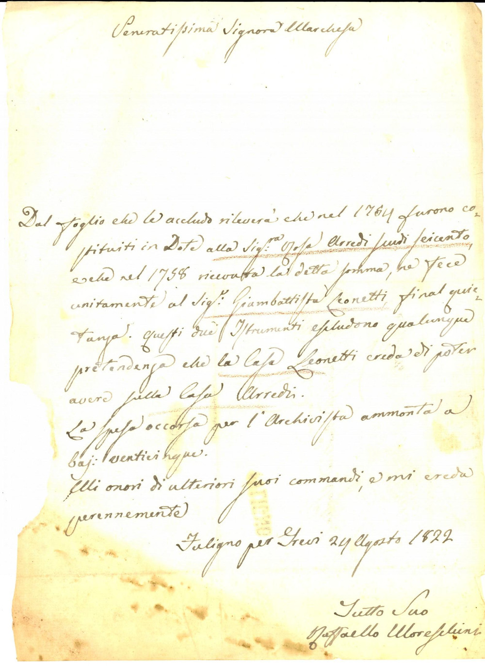 Manoscritto, lettera originale 1822 FOLIGNO Raffaello MORESCHINI su dote nobildonna Rosa ARREDI Lettera 1