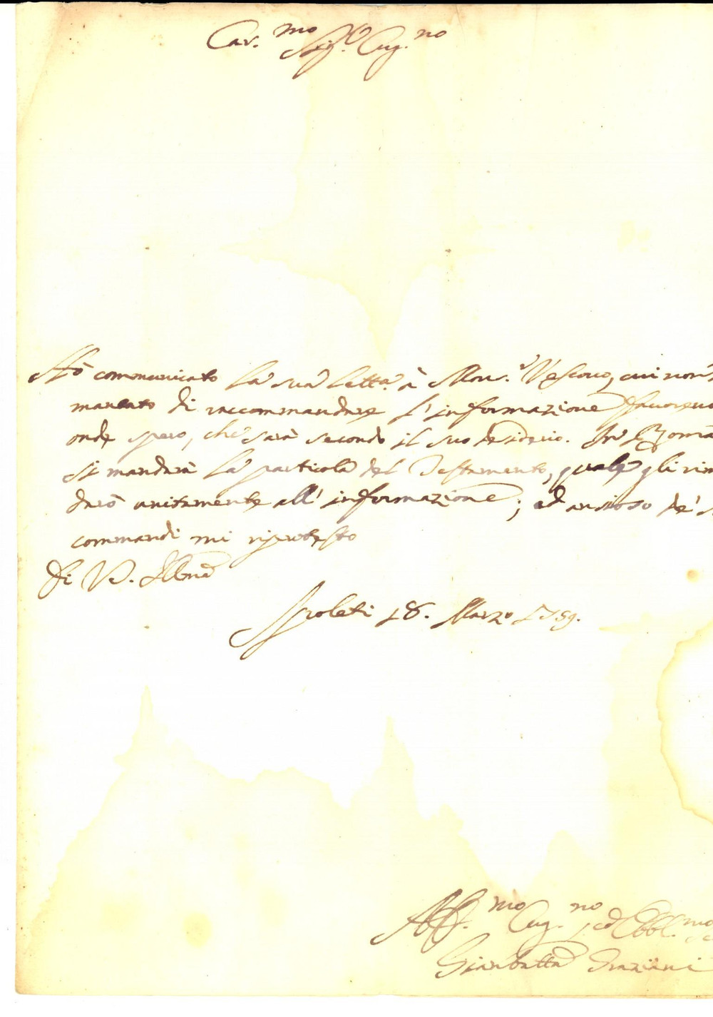 Manoscritto, lettera originale 1759 SPOLETO Giambattista GRAZIANI intercede presso un vescovo Lettera 1