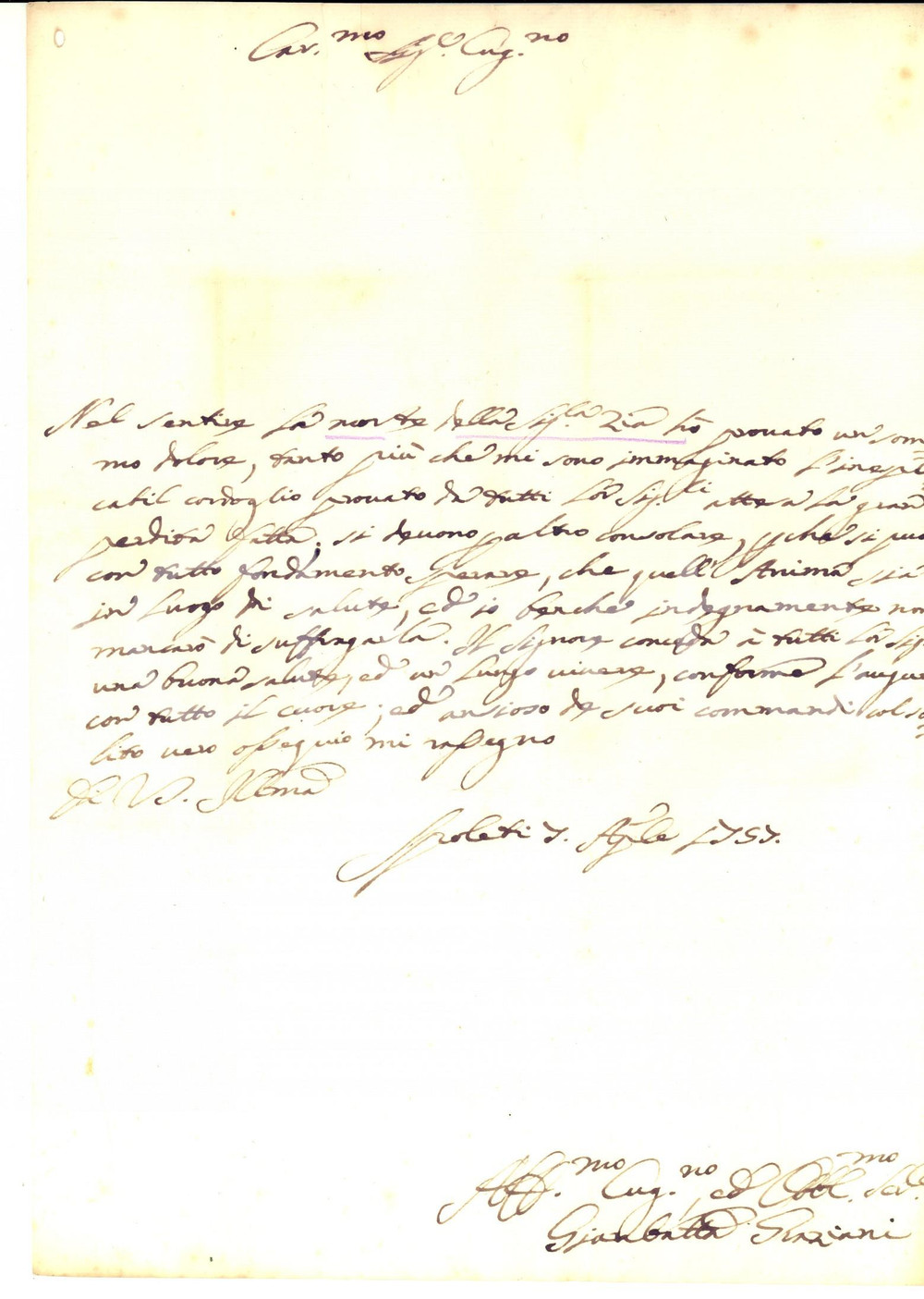 Manoscritto, lettera originale 1757 SPOLETO Nobile Giambattista GRAZIANI in morte della zia Lettera 1