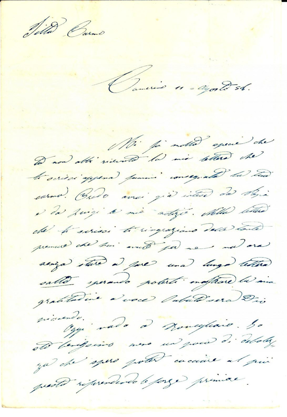 Manoscritto, lettera originale 1858 CAMERINO MC Nicola FEDELI indebolito da una malattia Lettera 1