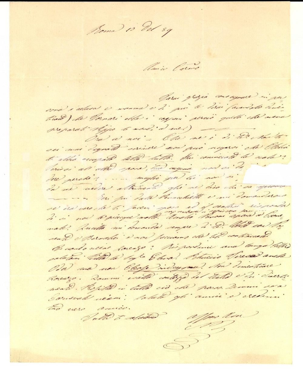 Manoscritto, lettera originale 1859 ROMA Nicola FEDELI a un amico prossimo al matrimonio Lettera 1