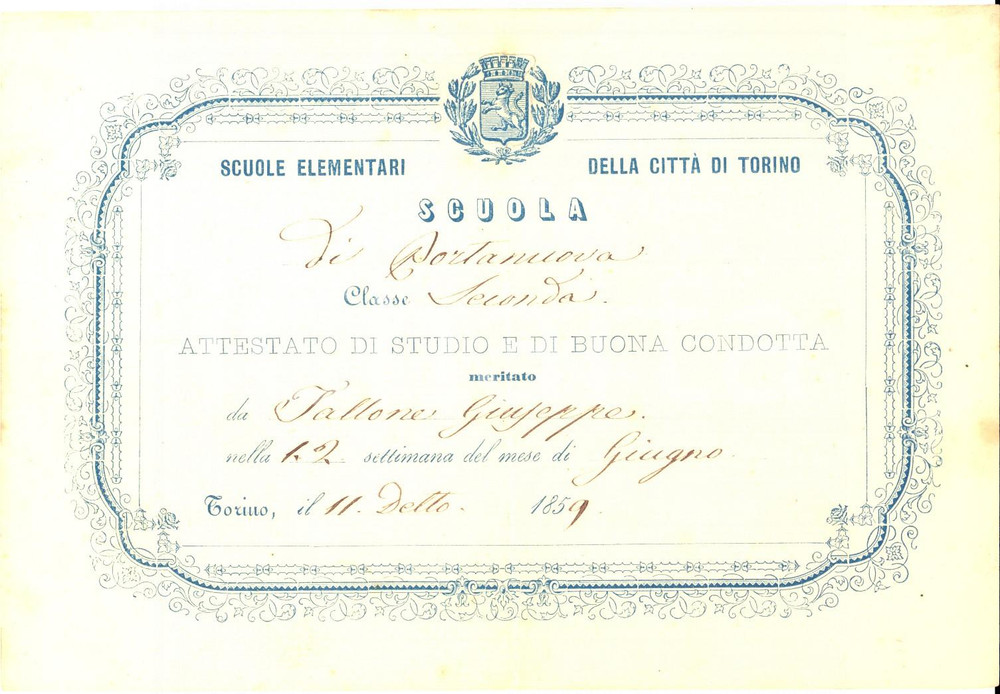 Documento originale, autentico 1859 TORINO Scuole Elementari  Buona condotta di Giuseppe TALLONE Attestato 1