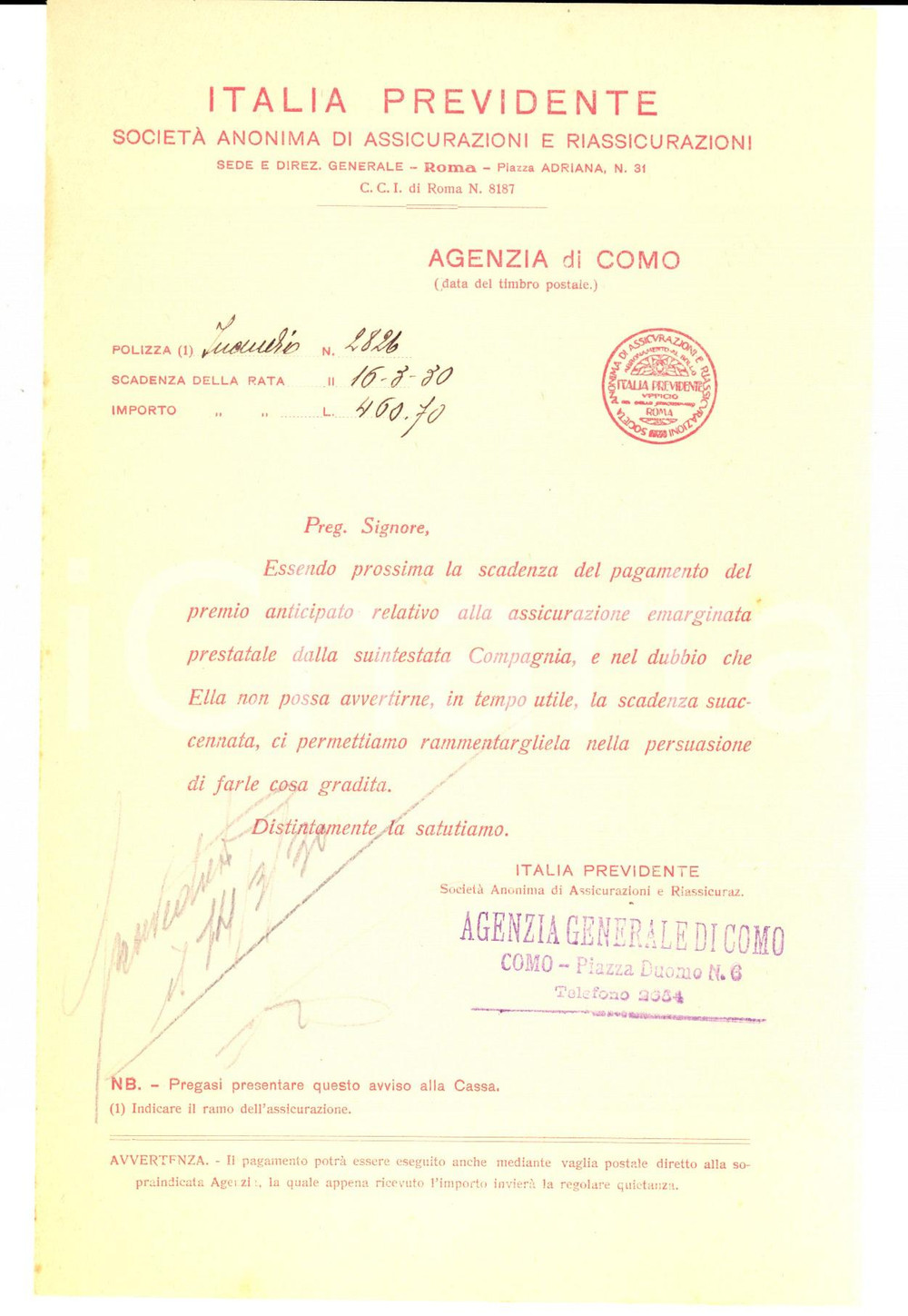 Manoscritto, lettera originale 1930 Assicurazioni ITALIA LA PREVIDENTE  Lettera per scadenza premio 1