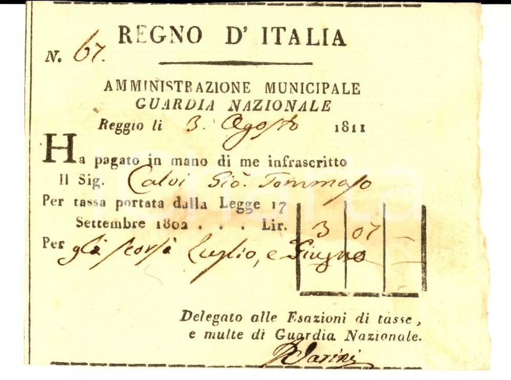 Documento originale, autentico 1811 REGNO D ITALIA REGGIO EMILIA  GUARDIA NAZIONALE Ricevuta a Tommaso CALVI 1