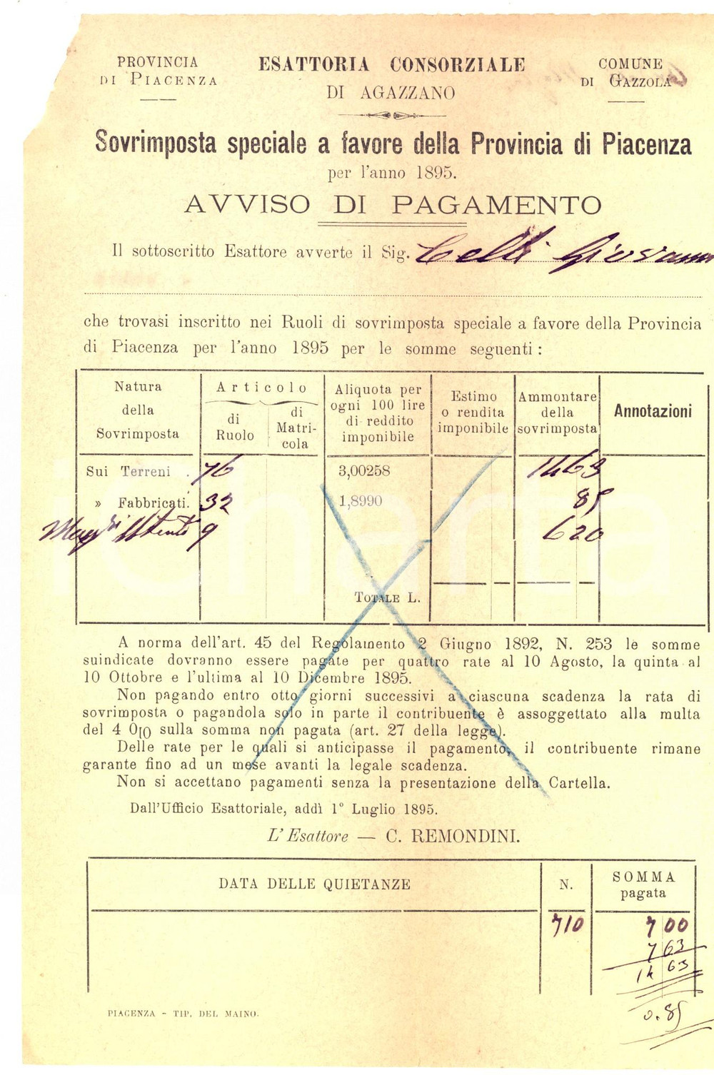 Documento originale, autentico 1895 AGAZZANO Esattoria Consorziale  Avviso pagamento Giovanni CELLI 1