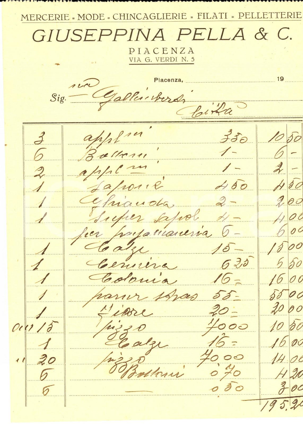 Documento originale, autentico 1930 ca PIACENZA Giuseppina PELLA mercerie e mode Fattura intestata 1