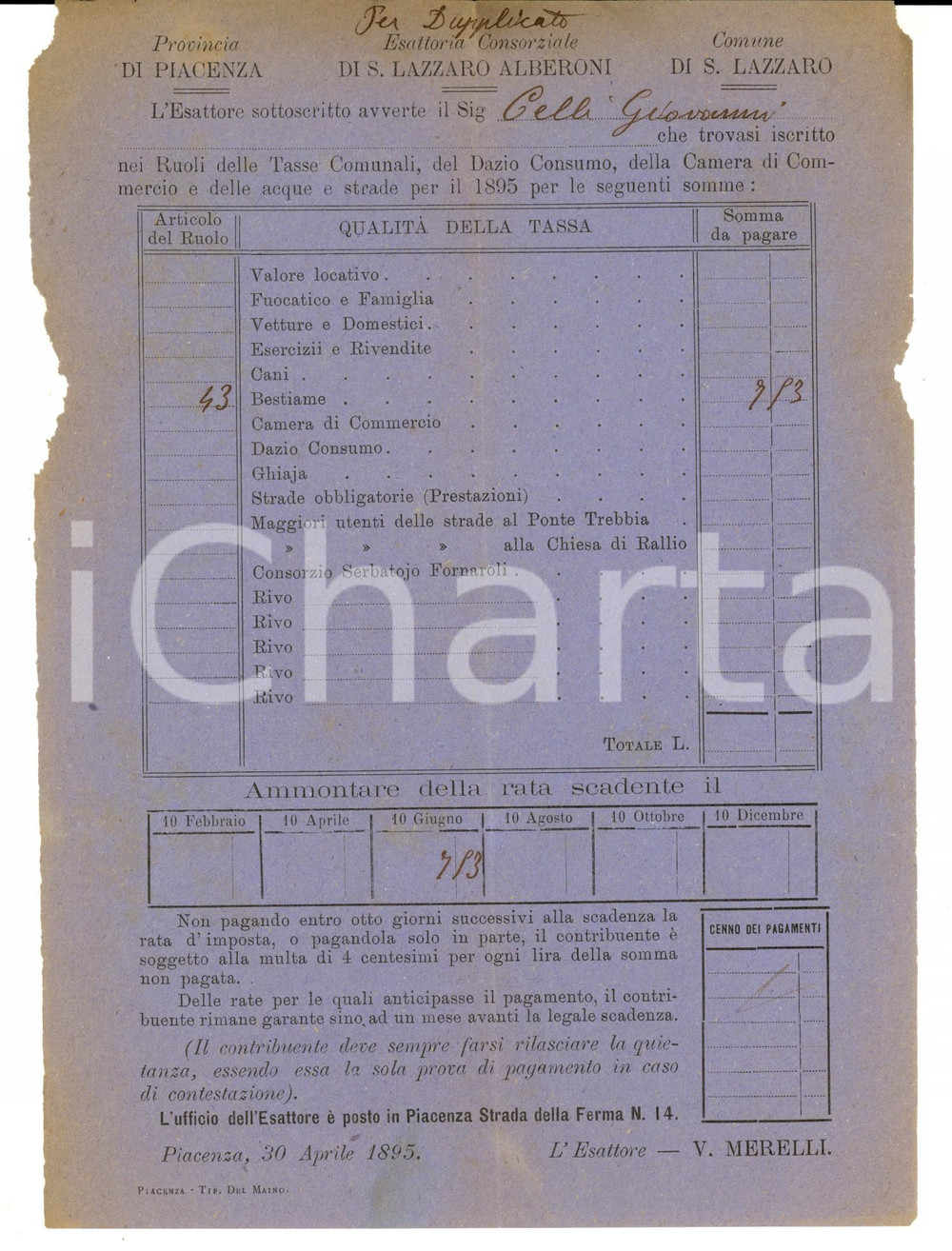Documento originale, autentico 1895 SAN LAZZARO PC Esattoria Consorziale  Avviso a  Giovanni CELLI 1