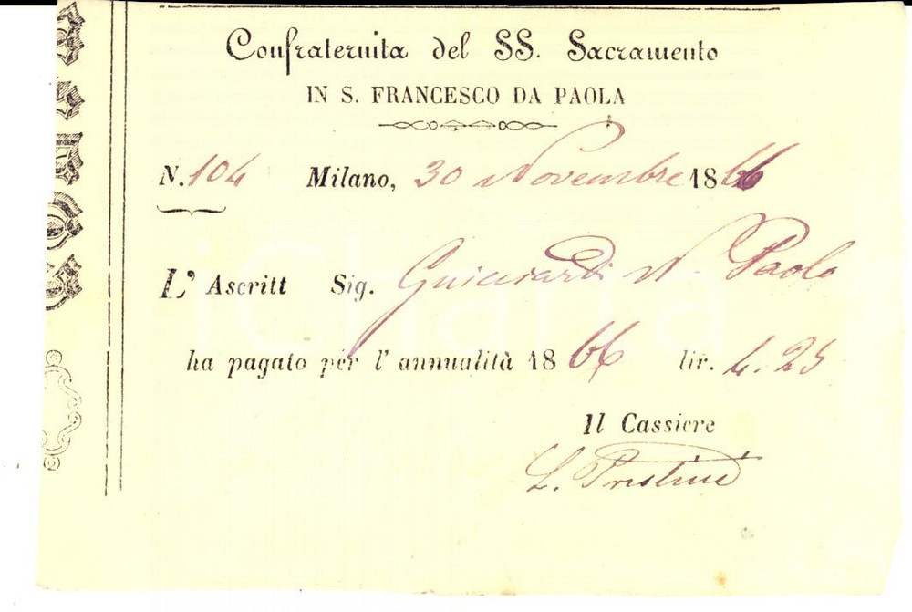 Documento originale, autentico 1866 MILANO S. FRANCESCO DA PAOLA Confraternita SS. SACRAMENTO Ricevuta 1