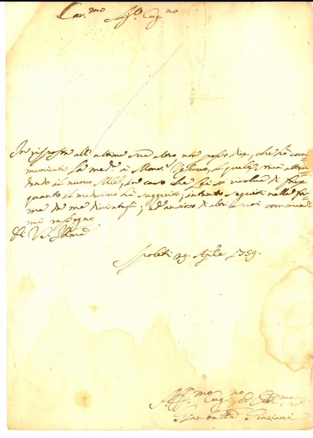 Manoscritto, lettera originale 1759 SPOLETO Giambattista GRAZIANI trasmette una lettera al vescovo 1