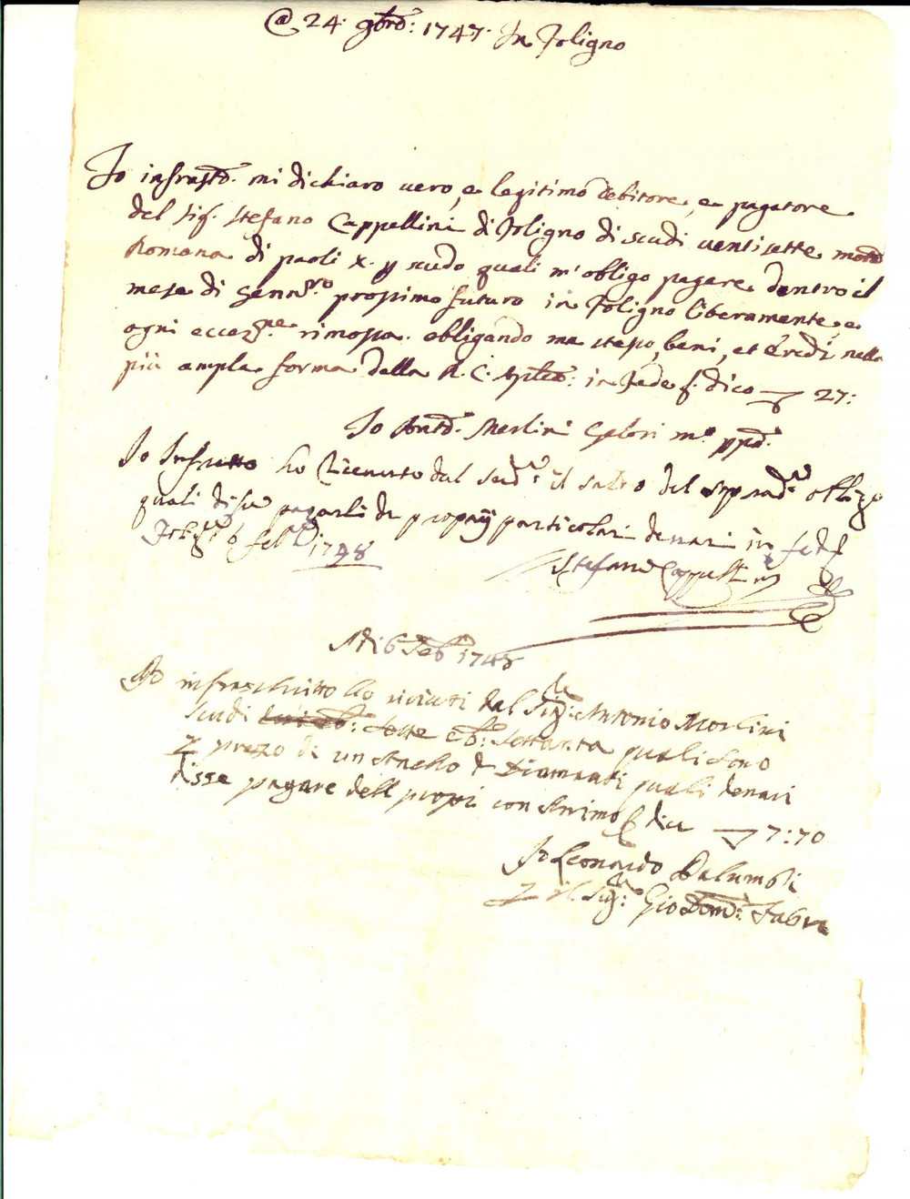 Manoscritto, lettera originale 1798 FOLIGNO Cambiale di Antonio MORLINI GELOSI pro Stefano CAPPELLINI 1