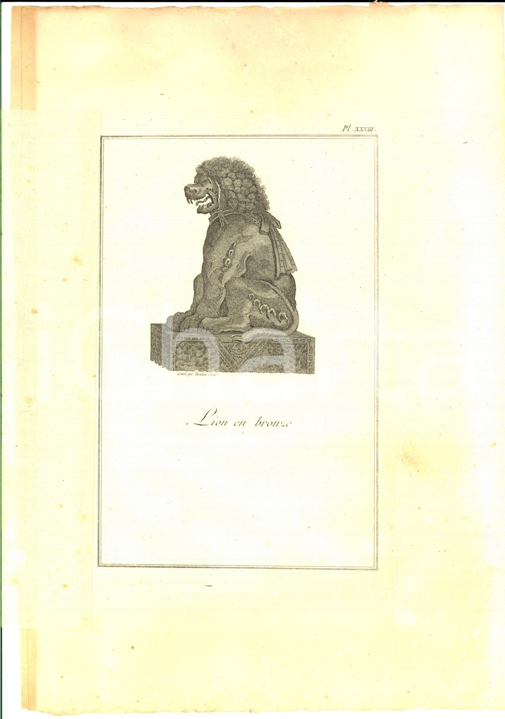 Stampa, bozzetto originale 1800 ca VOYAGE DANS L INTERIEUR DE LA CHINE Lion en bronze Gravure TARDIEU 1
