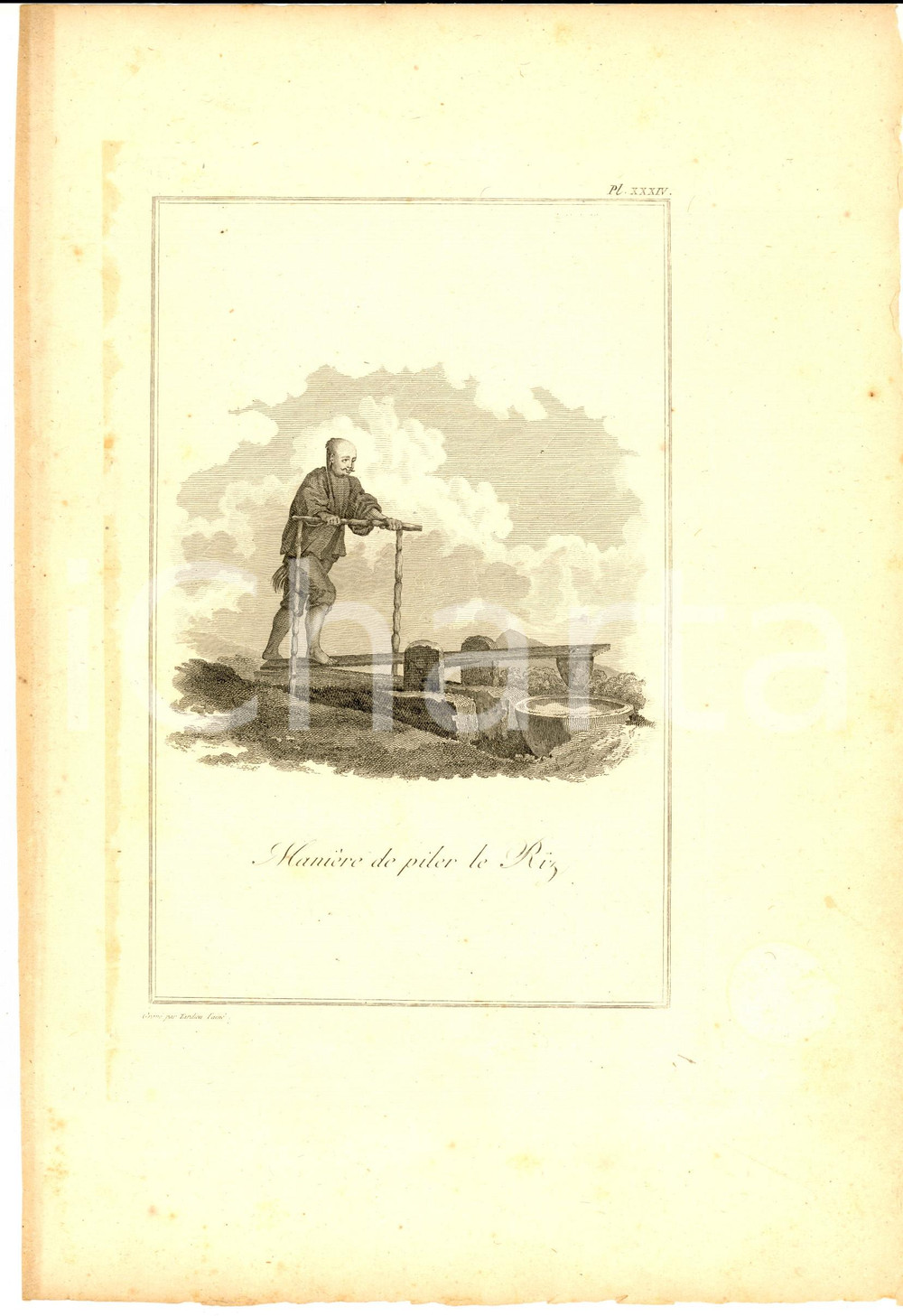 Stampa, bozzetto originale 1800 ca VOYAGE DANS L INTERIEUR DE LA CHINE ManiÃ¨re de piler le riz Gravure 1