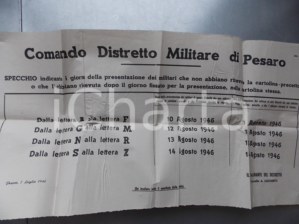 Documento originale, autentico 1946 PESARO Presentazione militari privi di cartolinaprecetto Manifesto 70 x 35 1