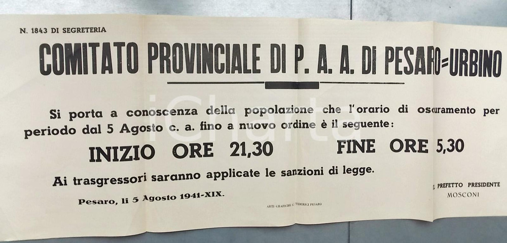 Documento originale, autentico Agosto 1941 WW2 PESARO Protezione ANTI AEREA Orario di oscuramento Manifesto 1