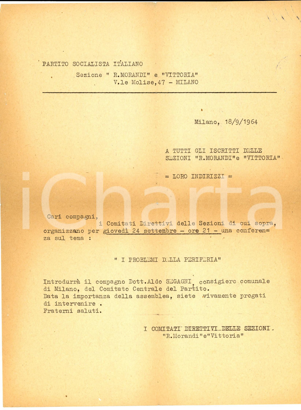 Materiale pubblicitario d’epoca 1964 MILANO PARTITO SOCIALISTA Sezione VITTORIA  Lettera assemblea periferia 1