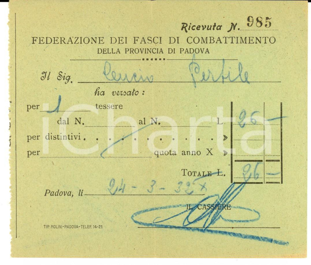 Documento originale, autentico 1932 PNF FASCIO DI PADOVA Ricevuta per tessera Leucio PERTILE 1