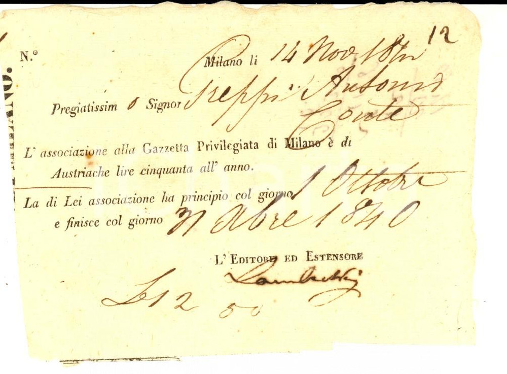 Documento originale, autentico 1812 MILANO GAZZETTA PRIVILEGIATA Ricevuta conte Antonio GREPPI 1