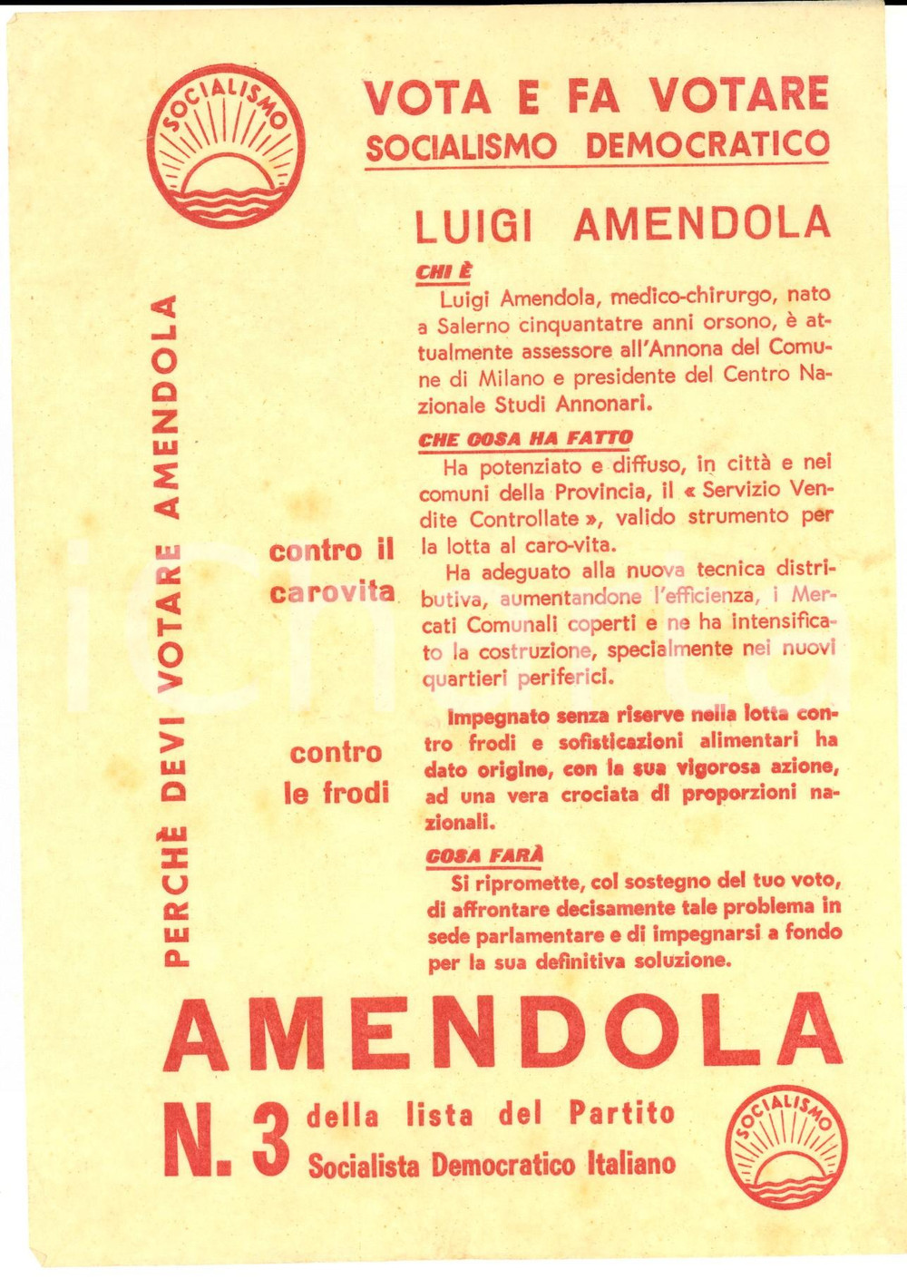 Materiale pubblicitario d’epoca 1950 ca PARTITO SOCIALISTA DEMOCRATICO ITALIANO Vota Luigi AMENDOLA Volantino 1