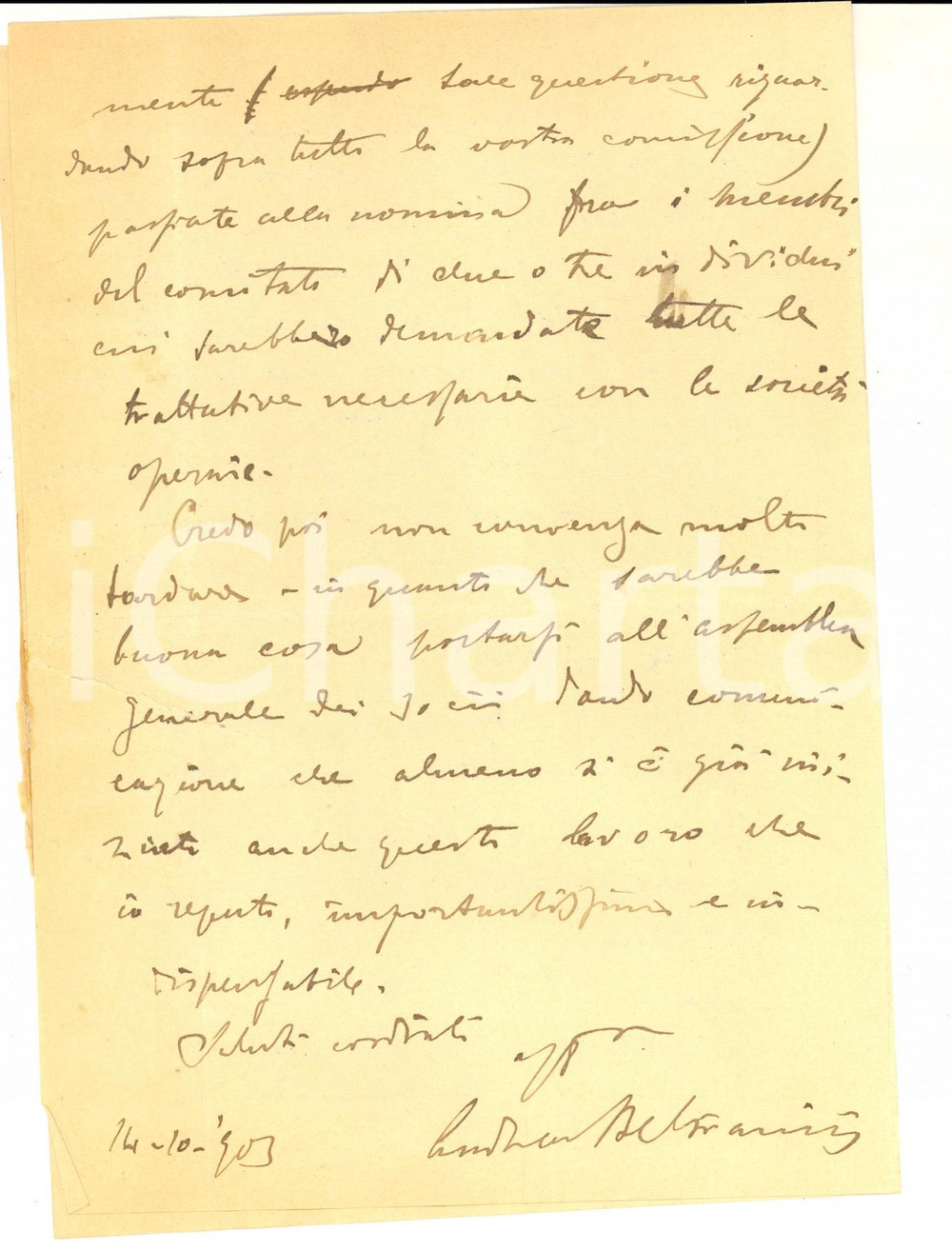 Manoscritto, lettera originale 1903 COMO Andrea BELTRAMINI propone riordino biblioteche delle societÃ  operaie 1