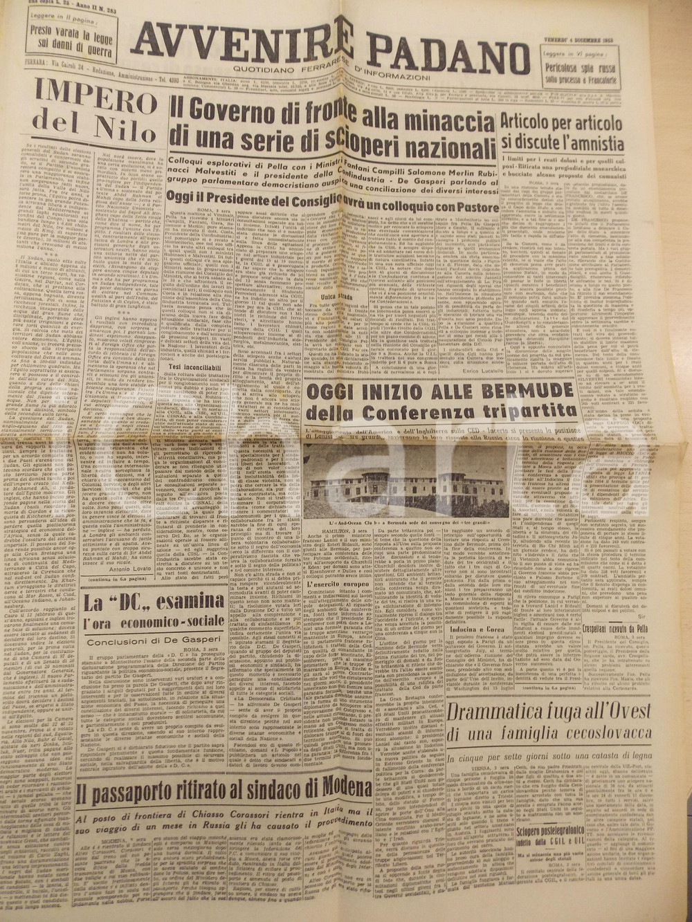 Giornale, rivista storica 1953 AVVENIRE PADANO Governo minacciato dagli scioperi nazionali Giornale n°283 1