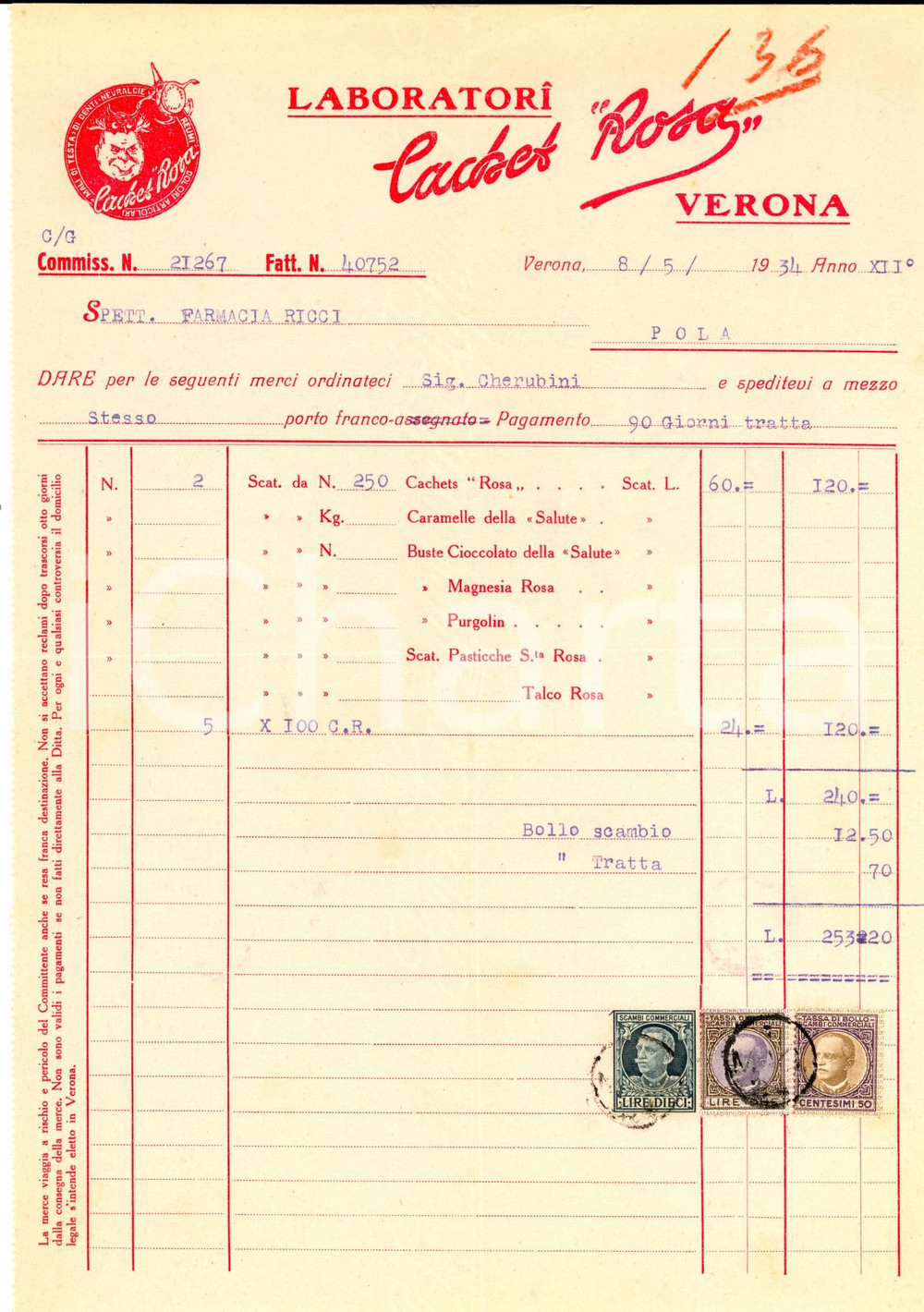 Documento originale, autentico 1934 VERONA Laboratori CACHET ROSA  caramelle Fattura intestata 1