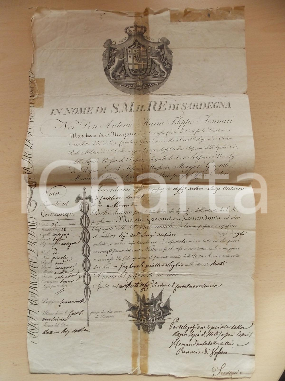 Documento originale, autentico 1820 VOGHERA Lasciapassare Antonio Luigi ASCHIERI commerciante DANNEGGIATO 1